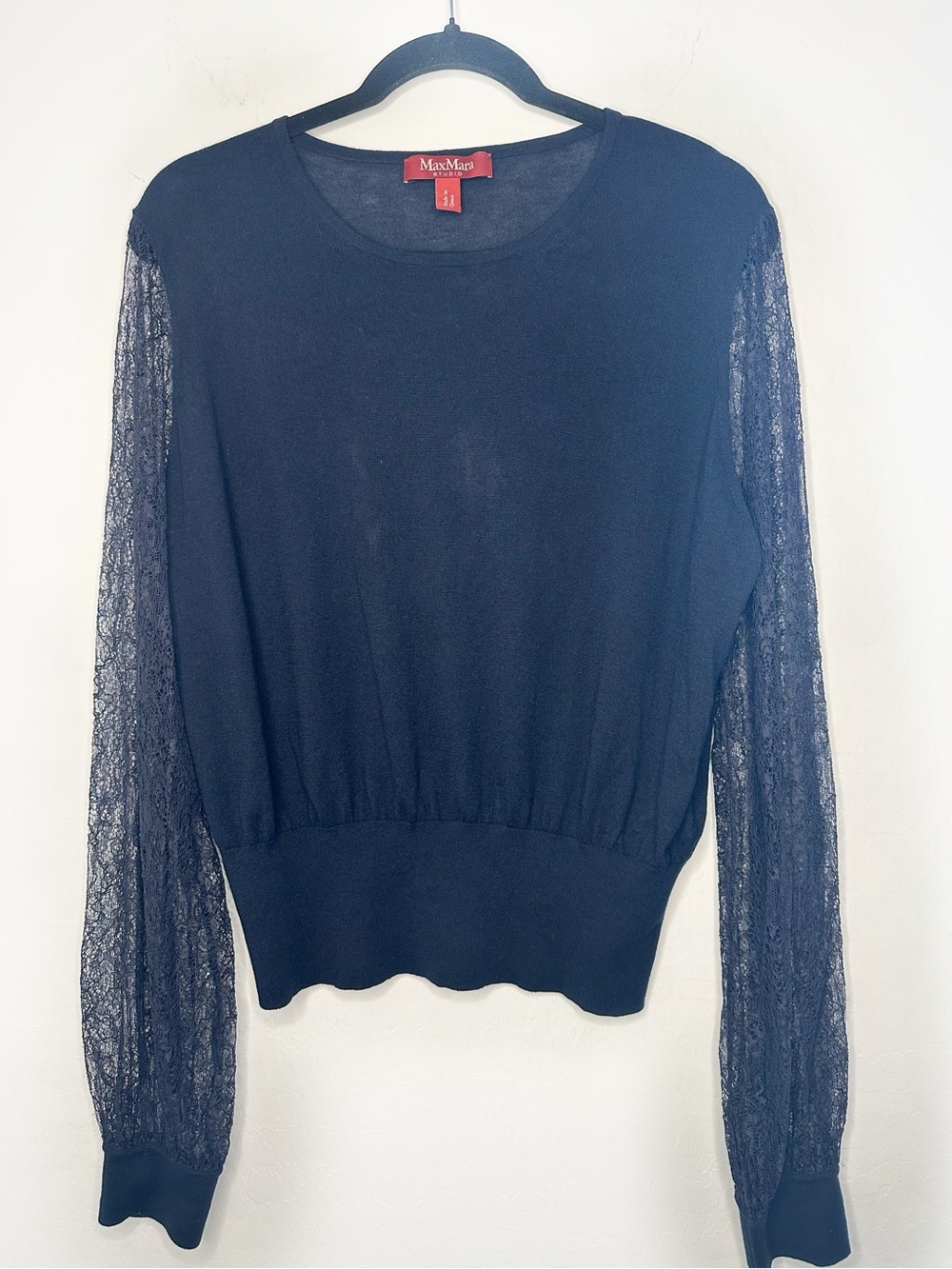 Max Mara Studio XL Navy Silk Wool Lace Sleeve Sweater